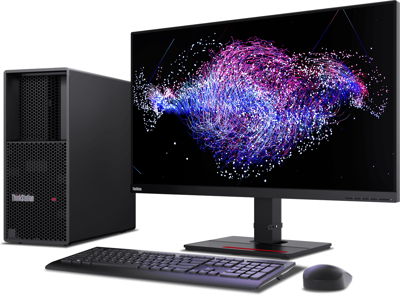 Lenovo ThinkStation P3 mit Monitor, Tastatur und Maus